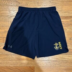 Under Armour Men's Navy Athletic Shorts with Yellow Design